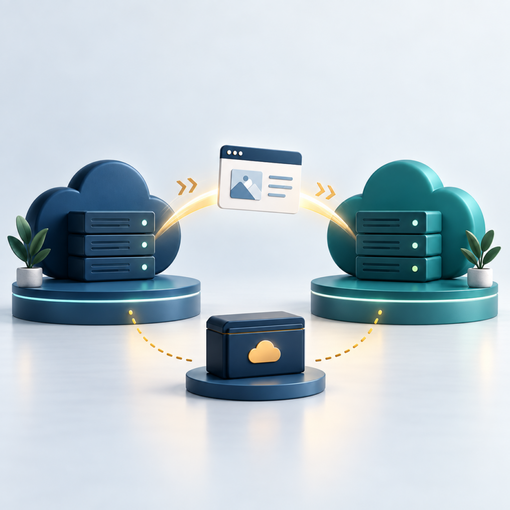 Illustration einer Website, die zwischen zwei Cloud-Hosting-Umgebungen mit einem separaten Backup umzieht.