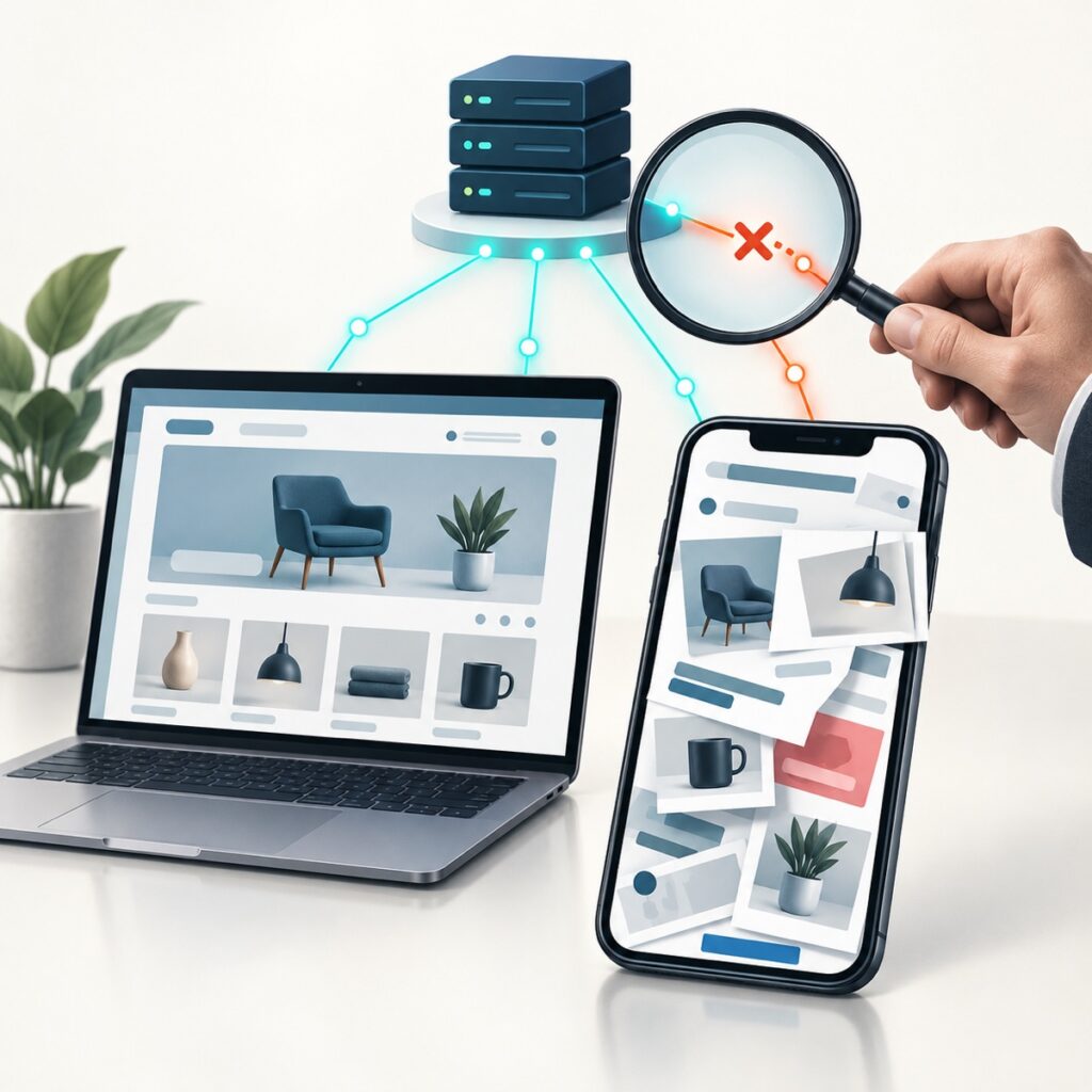 Redaktionelle Illustration eines fehlerhaften mobilen Online-Shops und eines Technikers, der dessen Netzwerkverbindung neben einem funktionierenden Laptop überprüft.