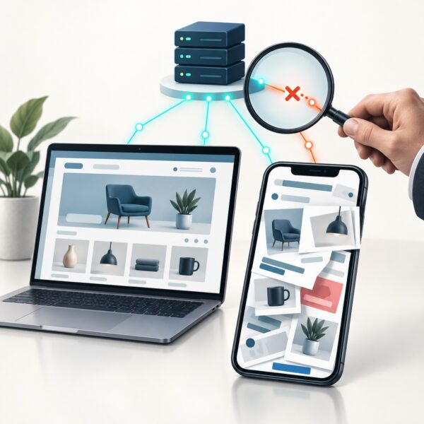 Redaktionelle Illustration eines fehlerhaften mobilen Online-Shops und eines Technikers, der dessen Netzwerkverbindung neben einem funktionierenden Laptop überprüft.