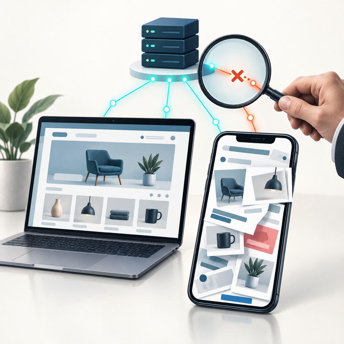 Redaktionelle Illustration eines fehlerhaften mobilen Online-Shops und eines Technikers, der dessen Netzwerkverbindung neben einem funktionierenden Laptop überprüft.
