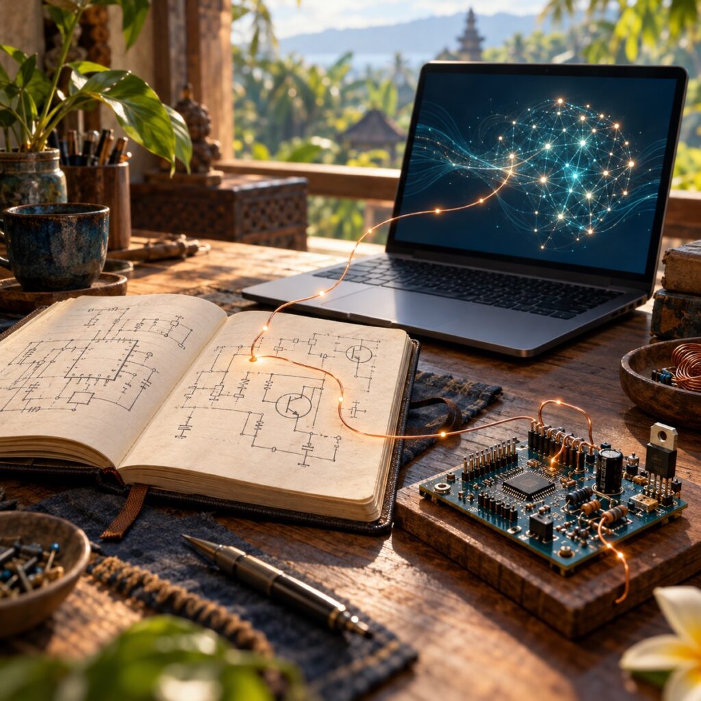 Ein offenes Ingenieur-Notizbuch, eine Platine und ein Laptop, verbunden durch eine glühende Kupferleitung, die menschliches technisches Wissen neben KI illustriert.