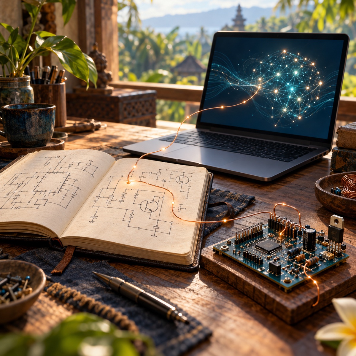 Ein offenes Ingenieur-Notizbuch, eine Platine und ein Laptop, verbunden durch eine glühende Kupferleitung, die menschliches technisches Wissen neben KI illustriert.